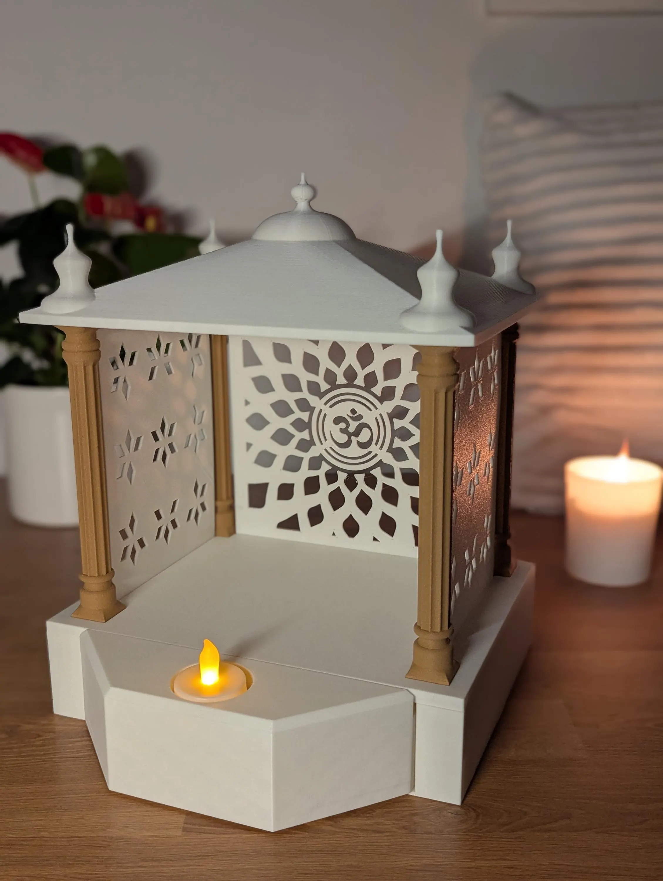 Compact mandir on a calm, modern shelf